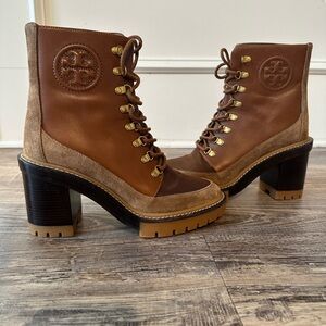 Tory Burch Leather Colorblock Pattern Combat Boots